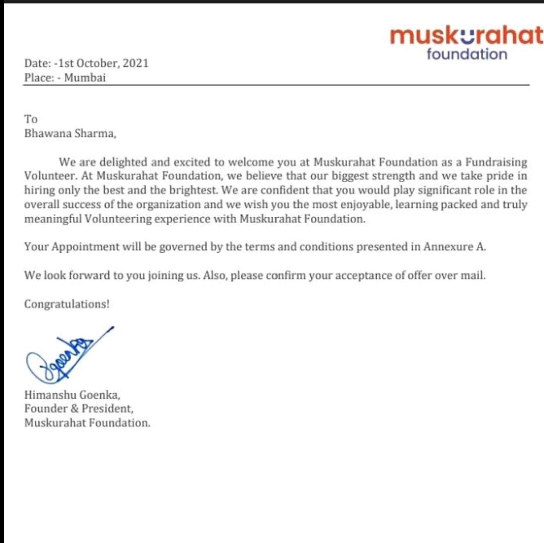 Muskurahat Foundation Volunteering Offer